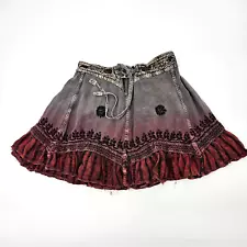 BOHO Gypsy Skirt Free Size OSFA Embroidered Festival Rayon Maroon Gray Ruffle