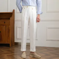 Summer Cotton and Linen High-waisted Straight Casual Pant Men British Breathable