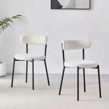 2x White Boucle Round Upholstered Dining Chairs Curved Backrest Black Metal Legs