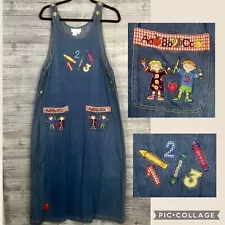 Vintage Denim Dress Size L Teacher Core Embroidered Casey Coleman 90s Jumper Adj