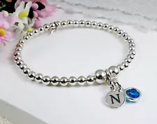 925 Sterling Silver Beaded Initial Birthstone Charm Stacking Bracelet For Women