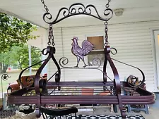 VTG Wrought Iron Hanging Pot Meat Rack Rooster Rubbed Bronze 24”x 18” 6 Hooks