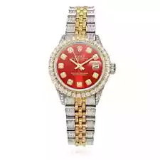 Rolex Datejust Custom Pave Jubilee Band Diamond Bezel Red Ruby Dial 26mm Watch