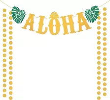 Aloha Banner Hawaii Garland Luau Tiki Decor Gold with Tropical Palm Leaves Party