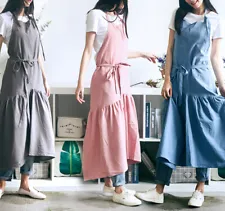 Bib Apron Women Linen Cotton Fishtail Halter Solid Pinafore Dress Florist Home