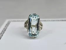 VTG Real Solid 14K 585 White Gold Art Deco Filigree Natural Aquamarine Ring Sz 2