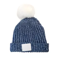 Love Your Melon Pom Beanie Jaguar Patch Navy Blue and White Winter Hat