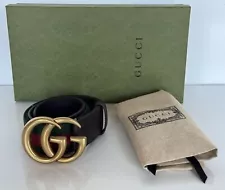 Gucci Web GG Marmont Leather/Fabric Belt Green/Red/Brown 80/32 IT 409416 NWT