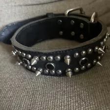 Large Vintage Black Leather Spiked Studded Adjustable Dog Collar 1 3/4” X 24”