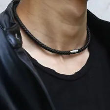 Black Man-made Leather Choker Necklace Stainless Steel Magnetic Jewelry 14-28in