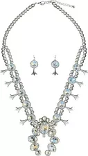 Western Boho Crystal Squash Blossom Statement Necklace/w Earrings No.2338 Clear