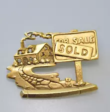 VTG AJC Signed Real Estate Realtor SOLD House For Sale Gold tone Pin Brooch ZH1