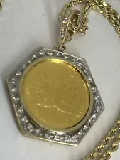 20 Dollar Maple Leaf 1/2 Ounce Gold Coin 14K Diamond Bezel Pendant 14KRope Chain