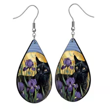 Black Cat Teardrop Earrings Iris Flower Garden Floral Art Print Silver Wires