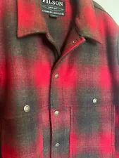 Filson Unlined Wool Cape Coat Large USA Green Brown Dark Red plaid EUC