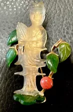 Vintage woman's Asian carved jade and coral figure brooch abstract statue!!!