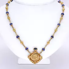 Italy 18K yellow gold jewelry sapphire bead cameo pendant chain necklace