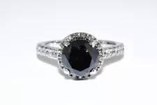 $7,000 2.94CT NATURAL ROUND CUT BLACK & WHITE DIAMOND HALO ENGAGEMENT 14K RING