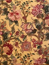 Two JACOBEAN FLORAL FABRIC Long CURTAIN PANELS Heavy LINEN Tree of Life 96x51