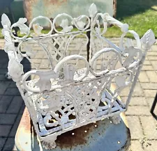 Wrought Iron Planter Box Distressed White 12 X 11 X 11 Ornate Heavy Vintage