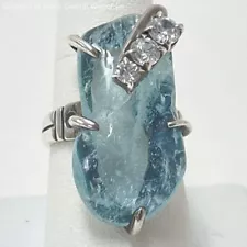 Sterling 925 Polished Aquamarine Stone Ring Sz 8 w/ White Topaz Accents, 11.0g