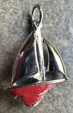 Vintage Sailboat Charm Red Hull Silver Tone Metal Nautical