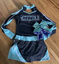 Rebels Elite Cheerleading Uniform + 2 Cheer Bows TOP size S and skirt size M