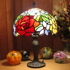 Tiffany Style Stained Glass Rose Flower Table Lamp Antique Bronze Zinc Cast Base