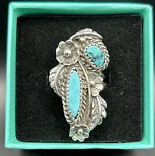 NATIVE AMERICAN INDIAN 3 LEAFS 3 PEYOTE BUTTON 2 TURQUOISE STERLING RING 5.5