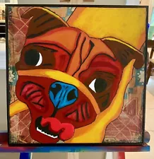 SALE! Modern Art Pug Dog Acrylic Painting on Wood With Frame, Ready To Hang!