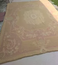 Vintage Hand Stitched Wool Aubusson Pink Yellow Needlepoint Rug 7.5ft X 10ft