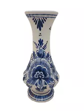 Delfts Holland Porcelain Pottery Vase Floral Pattern Blue White Signed