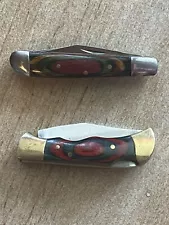 Lot Of Two Rainbow Eucalyptus Wood Handle Pocket Knives