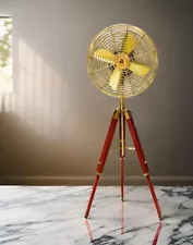 Vintage Style Pedestal Fan with Wooden Tripod Stand Electric Floor Fan Decor New