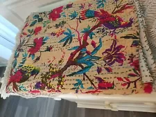 Cotton Kantha Quilt Handmade Bedspread Indian Woman Floral Print ColorfulBlanket