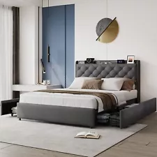 Bed with 4 Storage Drawers and USB Charging Station,Upholstered SALE