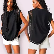 Free People Table For Two Tank Black Embroidered Lace Oversize Top NWOT S