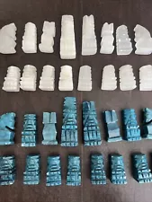 Vintage Mexican Aztec Blue & White Marble Chess Set Hand Carved 32 Pieces