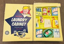 Wonderful Vtg 1950's Toy Laundry Cabinet Playset ~Pins Cloth Fab Vel Comet Calgn