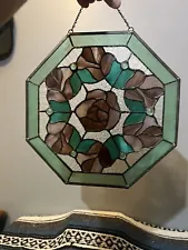 Vintage Octagon Leaded Stained Glass Window Panel Suncatcher Roses Floral