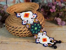 Huichol Indian Bracelet Beaded Turtle & Peyote Button Handmade Mexican Folk Art