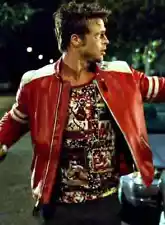 Brad Pitt Fight Club Tyler Durden Red Leather Jacket With White Stripes For Mens