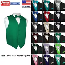 Men's Solid Satin Tuxedo Vest, Bow-Tie and Hankie. Formal, Dress, Wedding, Prom