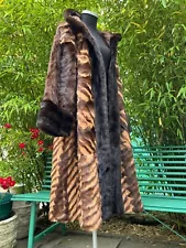 Full Length Reversible Brown Satin Mink Fur & Lapin Fur Coat L / XL