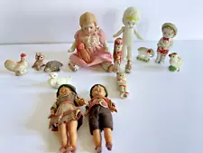 Antique Small Doll Lot German Frozen & Bisque Doll Animals For Dollhouse