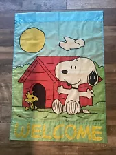 VTG Peanuts Snoopy Woodstock Dog House Welcome Porch Garden Flag 28 x40” 2 Sided