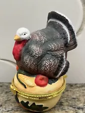 Vintage Painted Turkey With Fanned Tail Feathers Hinged Trinket Box