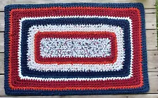 Handmade crocheted rag rug reds, whites, blues, up-cycled, 38" by 24", washable