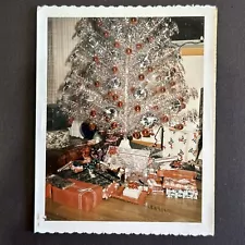 VINTAGE PHOTO White Silver Aluminum Christmas Tree Gifts, Trimmed COLOR ORIGINAL