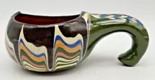 Bulgarian Glazed Pottery 5" Cup/Bowl w/Green Handle Hand Painted Feather Design